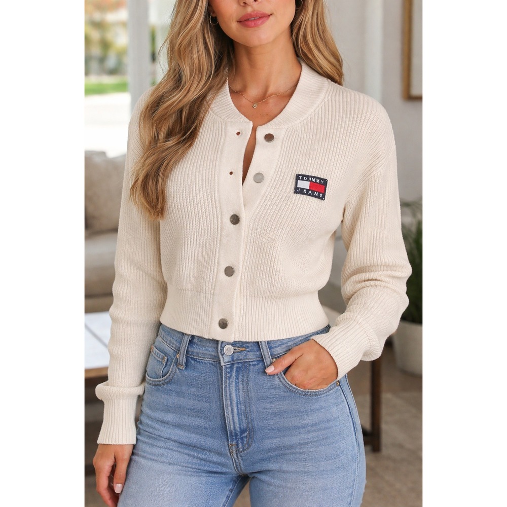 Tommy Jeans Women Cream Ribbed Snap Cardigan‎ Sweater 90s style collegiate Y2K